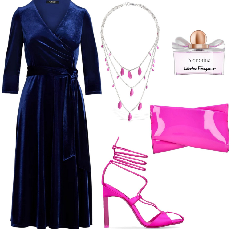 Outfit donna - Blue velvet. Stile Chic per Serata fuori. Abbinamento con profumi, vestiti, pochette, décolleté, collane.