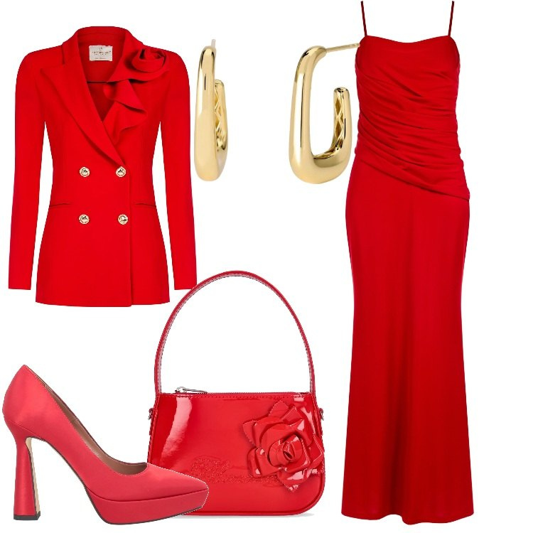 Outfit donna - Rosso Glamour. Stile Glamour per Serata fuori. Abbinamento con décolleté, orecchini, vestiti asimmetrici, blazer, borse a mano.