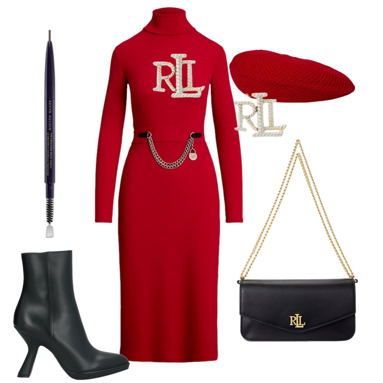 Outfit donna - Total look #2020266. Stile Chic per Cerimonia. Abbinamento con stivaletti, eyeliner, orecchini, borse a spalla, vestiti, berretti.