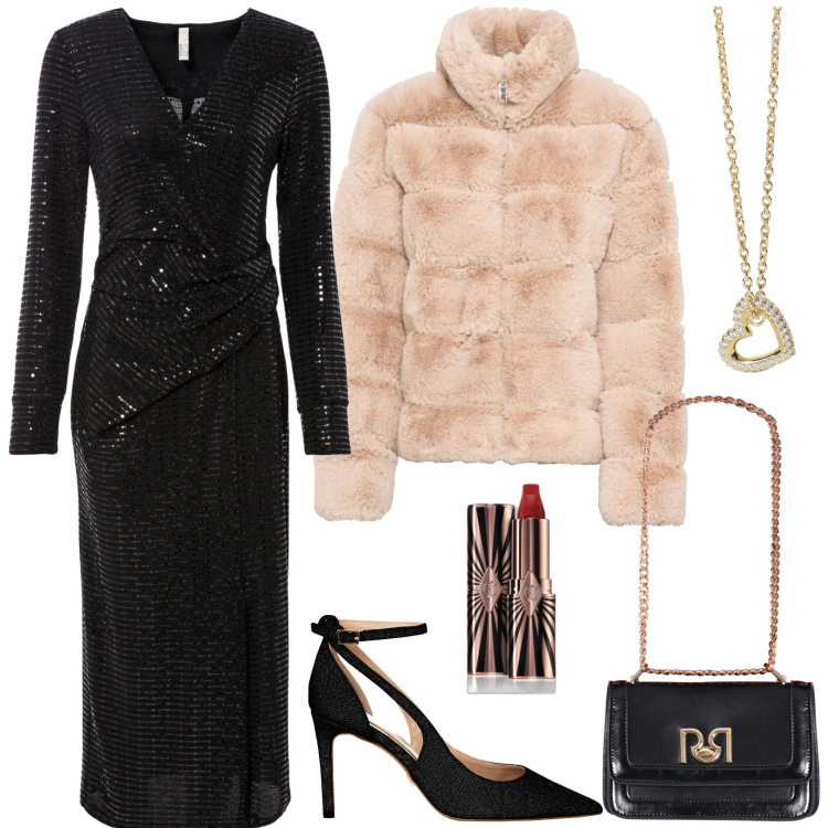 Outfit donna - Abito nero. Stile Chic per Serata fuori. Abbinamento con ecopellicce, vestiti, rossetti, collane, décolleté, borse a tracolla.