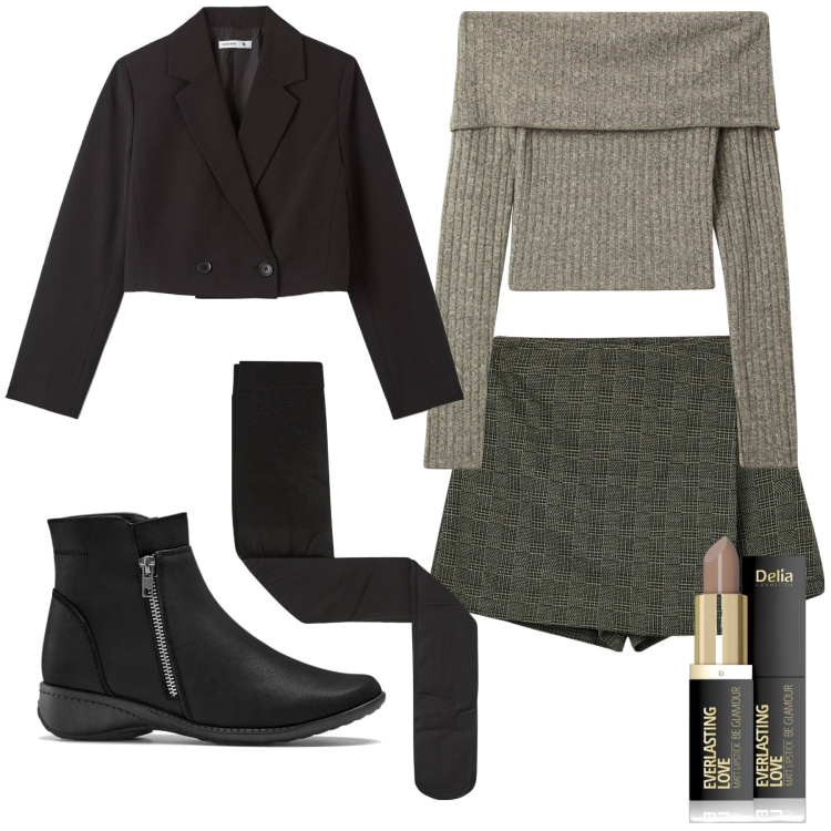 Outfit donna - Grigio verde. Stile Trendy per Serata fuori. Abbinamento con stivaletti, rossetti, gonne, maglieria, blazer, collant.