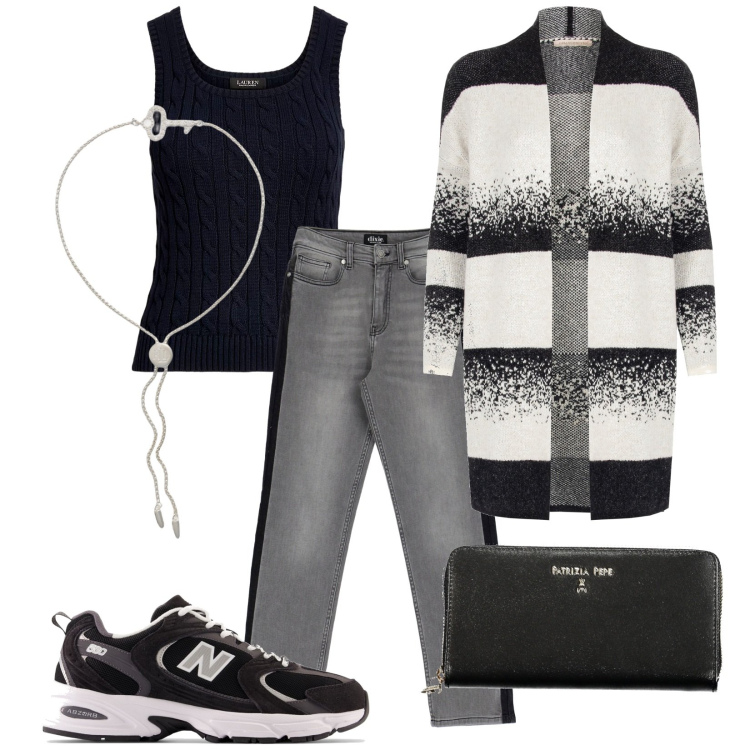 Outfit donna - Total look #2020276. Stile Urban per Tutti i giorni. Abbinamento con sneakers, cardigans, jeans dritti, braccialetti, maglieria, portafogli.