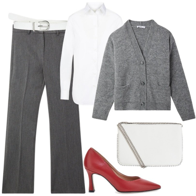 Outfit donna - casual con un tocco di eleganza semplice. Stile Casual chic per Ufficio. Abbinamento con pantaloni, cardigans, borse a tracolla, cinture, décolleté, camicie.