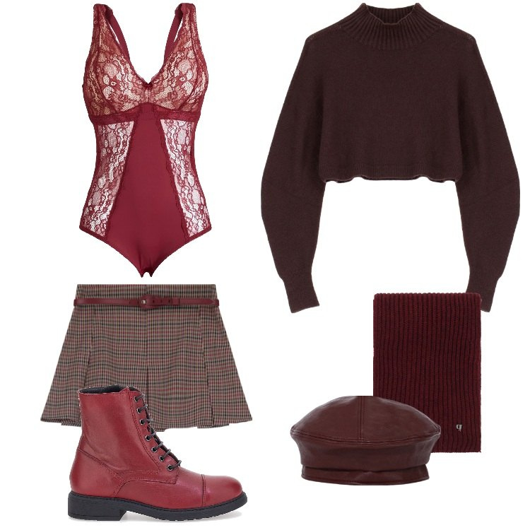 Outfit donna - Total look #2020286. Stile Preppy per Tutti i giorni. Abbinamento con body, sciarpe, cappelli e berretti, maglieria, minigonne, anfibi.