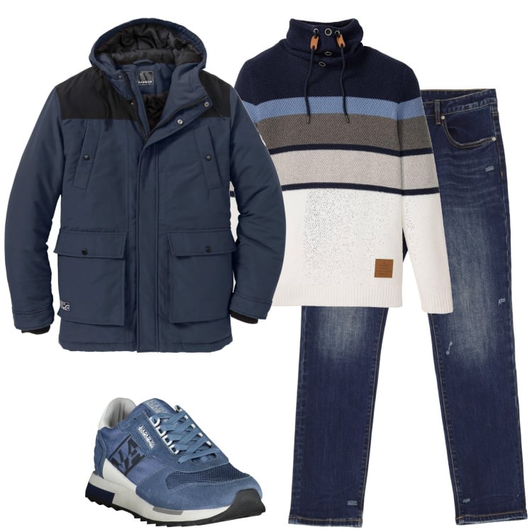 Outfit uomo - Total look #2020299. Stile Casual per Tutti i giorni. Abbinamento con maglieria, piumini, jeans slim fit, sneakers.