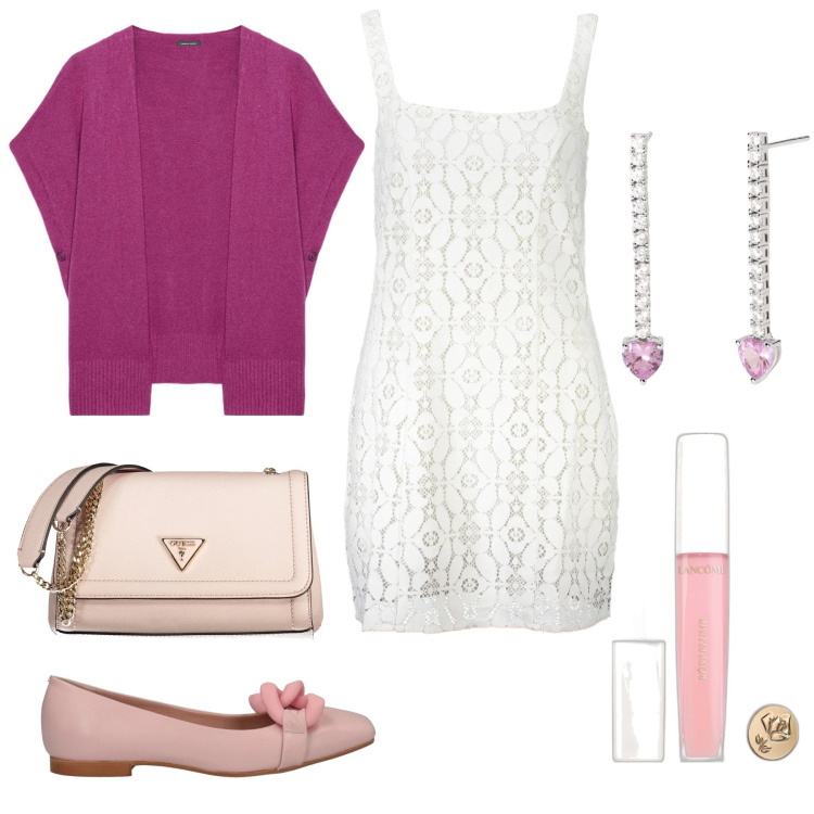 Outfit donna - Romantica. Stile Romantica per Cerimonia. Abbinamento con ballerine, gloss, orecchini, vestiti corti, borse a spalla, cappe.