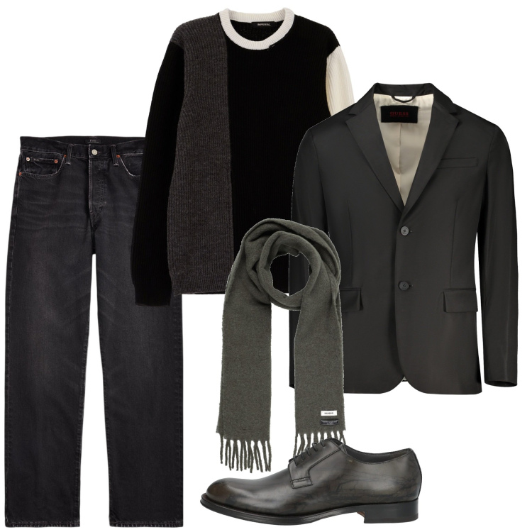 Outfit uomo - The dark side. Stile Urban per Serata speciale. Abbinamento con scarpe stringate, sciarpe, maglieria, jeans dritti, giacche.