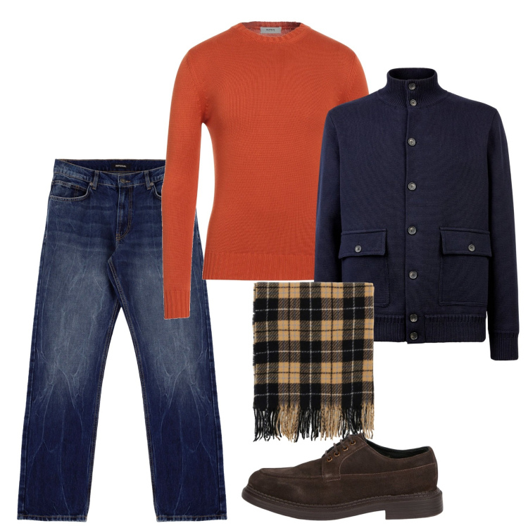 Outfit uomo - A tinte forti. Stile Casual per Tutti i giorni. Abbinamento con pullovers, sciarpe, jeans dritti, scarpe stringate, giacche.