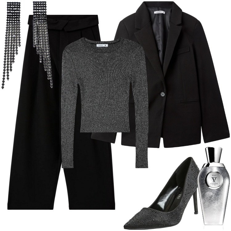 Outfit donna - Total look #2020314. Stile Chic per Serata fuori. Abbinamento con profumi, maglieria, pantaloni, décolleté, blazer, orecchini.