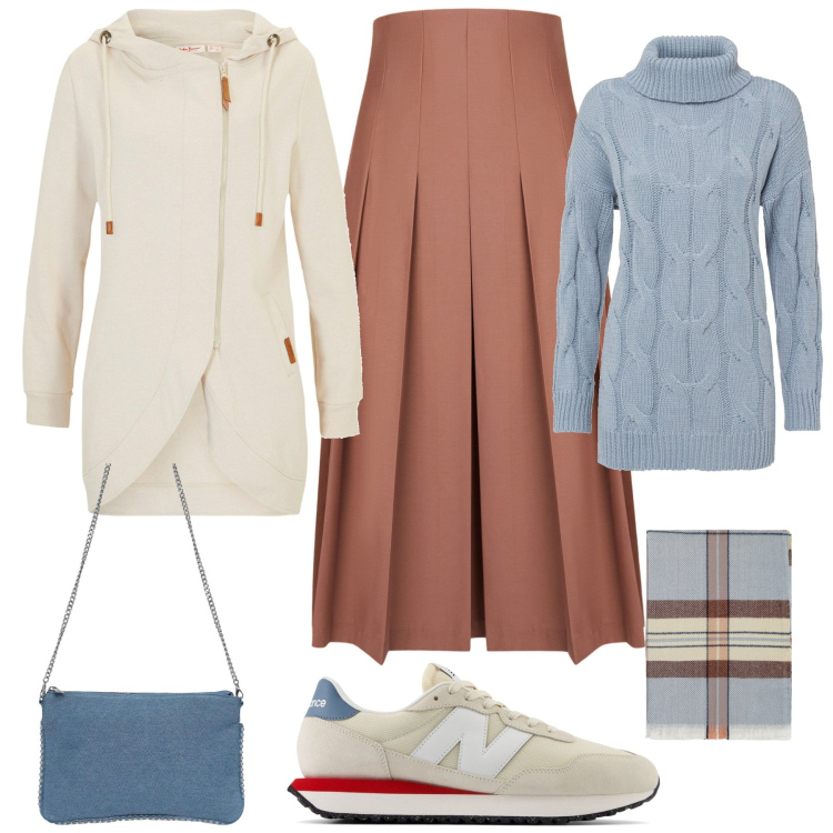 Outfit donna - Per tutti i giorni. Stile Casual per Tutti i giorni. Abbinamento con blazer, maglieria, borse a tracolla, sneakers, sciarpe, gonne longuette.