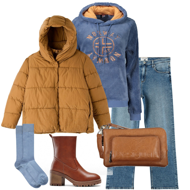 Outfit donna - Giornata di ferie. Stile Casual per Tutti i giorni. Abbinamento con stivaletti, piumini, jeans dritti, calzini, felpe con cappuccio, borse a tracolla.