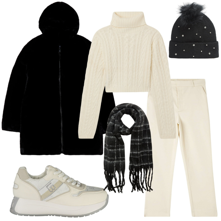 Outfit donna - Black and White. Stile Casual per Tutti i giorni. Abbinamento con pantaloni chino, maglieria, ecopellicce, berretti, sciarpe, sneakers.