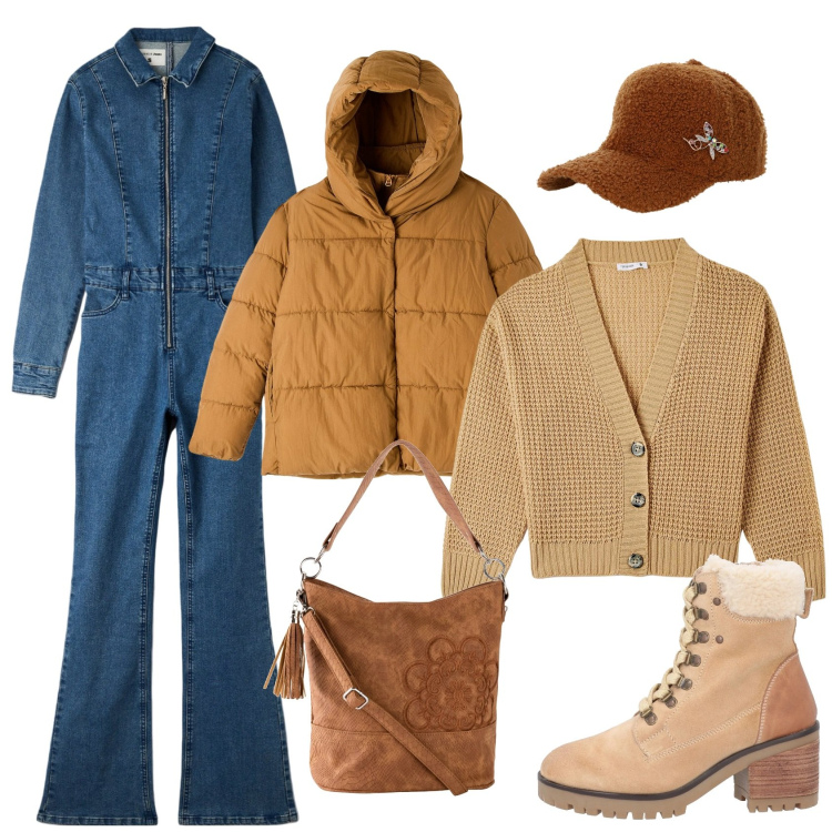Outfit donna - Tuta denim. Stile Casual per Scuola/Università. Abbinamento con borse a mano, stivaletti, cardigans, tute, piumini, cappelli.