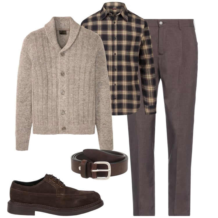 Outfit uomo - Al lavoro. Stile Casual per Tutti i giorni. Abbinamento con cardigans, pantaloni, cinture, scarpe stringate, camicie.