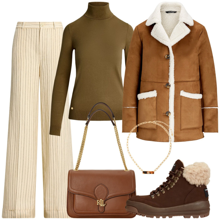 Outfit donna - Settimana bianca. Stile Casual per Tutti i giorni. Abbinamento con borse a spalla, cappotti, pantaloni, collane, maglieria, stivaletti.