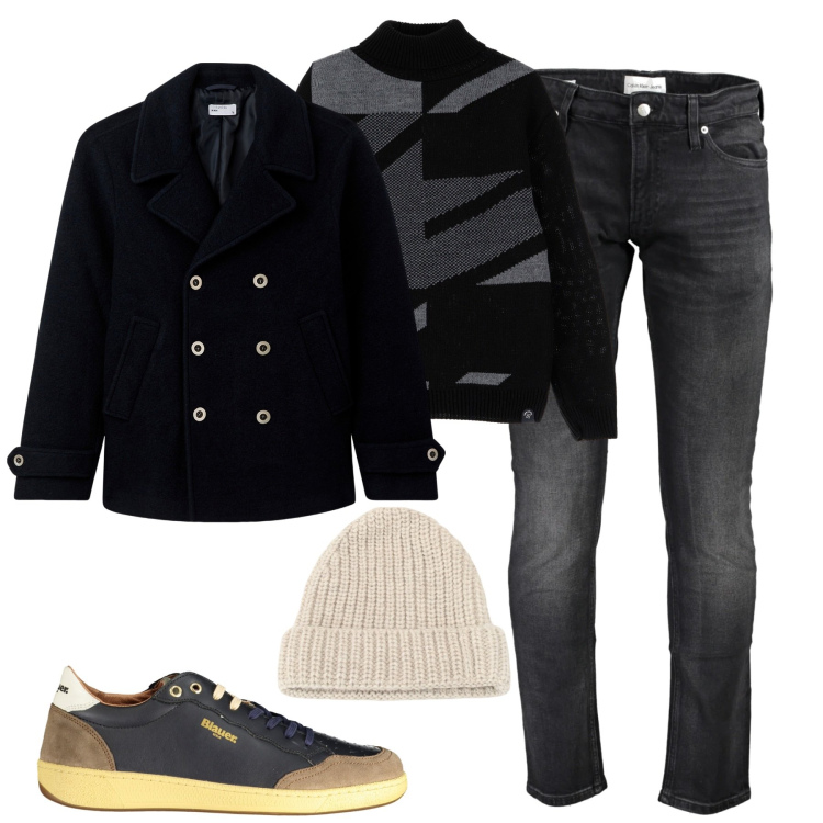 Outfit uomo - Tempo libero. Stile Casual per Tutti i giorni. Abbinamento con cappotti, maglieria, berretti, jeans slim fit, sneakers.