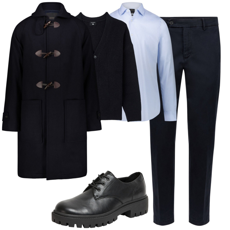 Outfit uomo - Al lavoro. Stile Business/Elegante per Ufficio. Abbinamento con scarpe stringate, cardigans, camicie, pantaloni chino, montgomery.