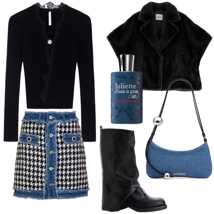 Outfit donna - Anche oggi con stile. Stile Trendy per Tutti i giorni. Abbinamento con profumi, gonne, cardigans, blazer, stivali, borse a spalla.