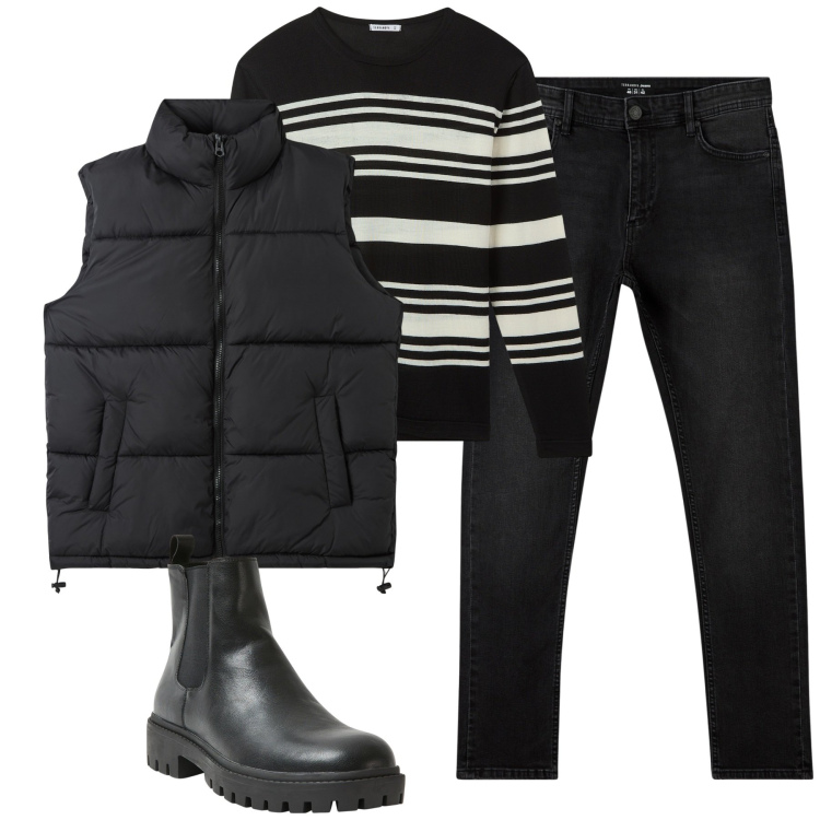 Outfit uomo - Total look #2020358. Stile Casual per Tutti i giorni. Abbinamento con jeans skinny, piumini, stivali e stivaletti, maglieria.
