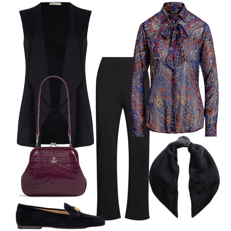 Outfit donna - A me piace per raccogliere i capelli. Stile Chic per Tutti i giorni. Abbinamento con gilet, mocassini, foulard, camicie, pochette, pantaloni.