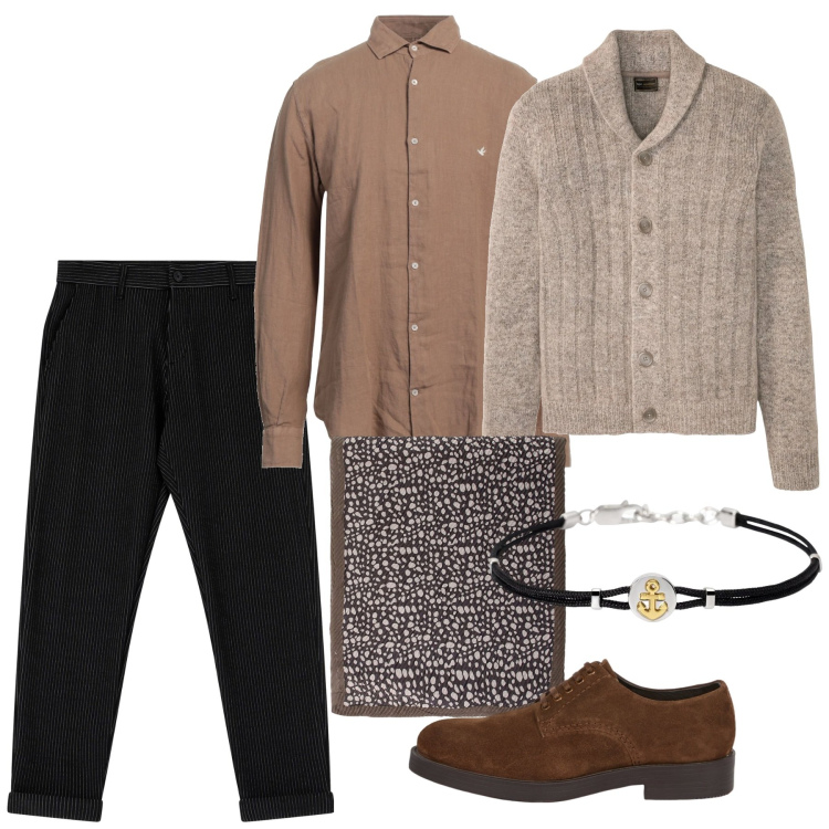 Outfit uomo - Il cardigan iconico. Stile Business/Elegante per Serata speciale. Abbinamento con cardigans, camicie, braccialetti, sciarpe e foulard, pantaloni, scarpe stringate.