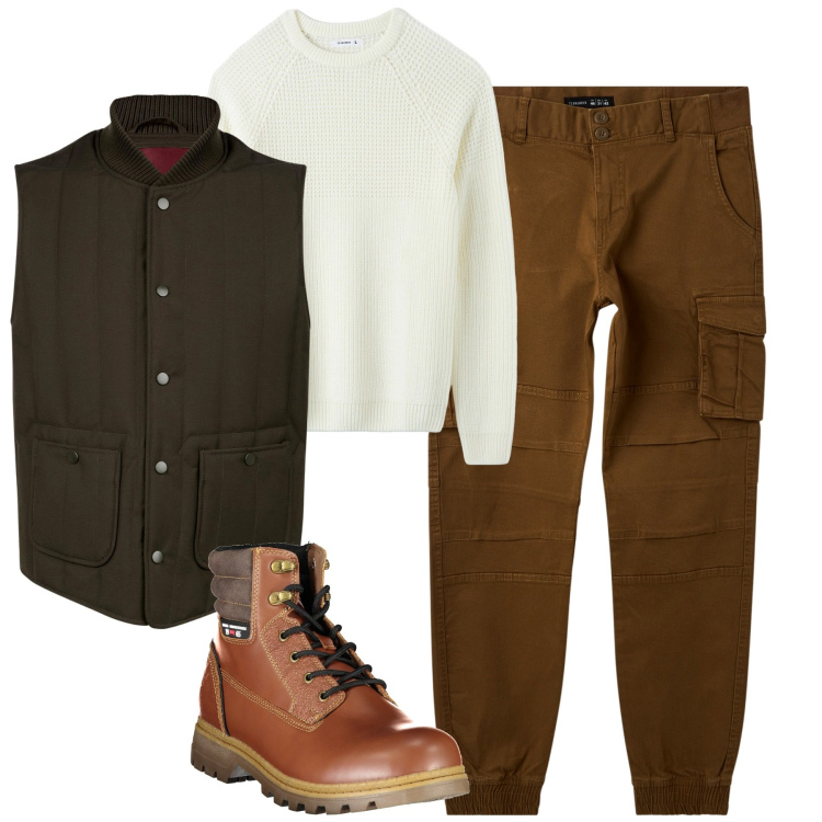 Outfit uomo - Total look #2020366. Stile Casual per Tutti i giorni. Abbinamento con maglieria, pantaloni cargo, piumini, stivali.