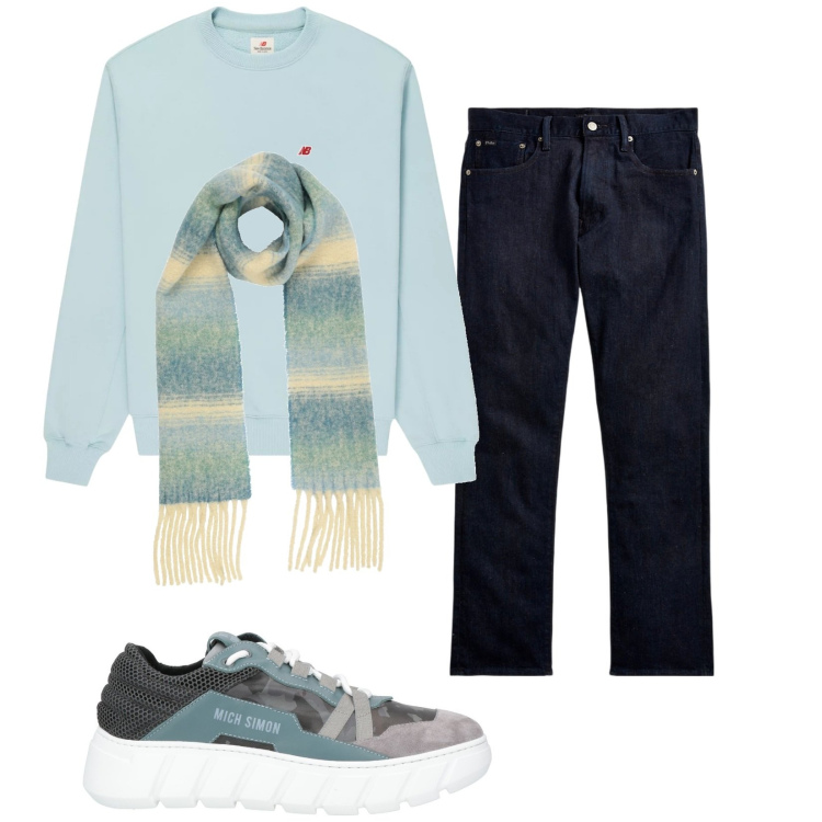 Outfit uomo - Total look #2020370. Stile Urban per Tutti i giorni. Abbinamento con sciarpe, sneakers, felpe, jeans dritti.