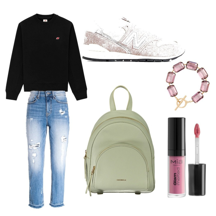 Outfit donna - Per mia mamma. Stile Casual chic per Tutti i giorni. Abbinamento con rossetti, sneakers, felpe, jeans strappati, braccialetti, zaini.