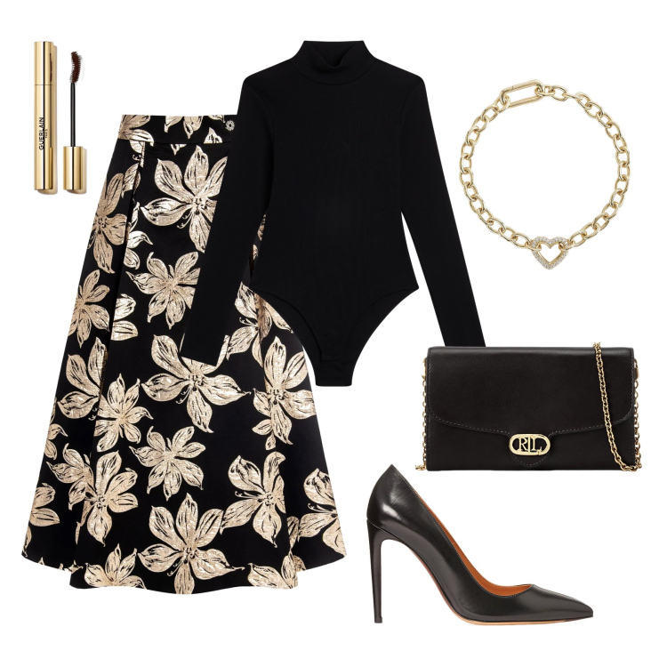 Outfit donna - Bellissima in nero e oro. Stile Glamour per Serata fuori. Abbinamento con mascara, braccialetti, gonne, body, borse a tracolla, décolleté.