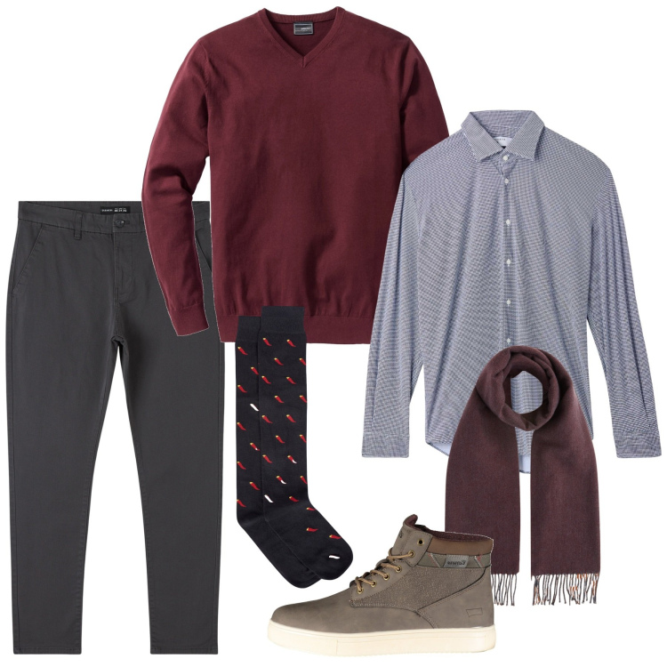 Outfit uomo - Il pull a V. Stile Casual per Tutti i giorni. Abbinamento con maglieria, pantaloni chino, camicie, stivali, sciarpe, calzini.