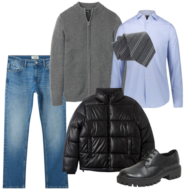 Outfit uomo - Cravatta mood. Stile Urban per Ufficio. Abbinamento con cardigans, jeans, scarpe stringate, piumini, cravatte, camicie.