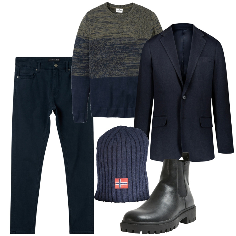 Outfit uomo - Dicembre in blu. Stile Casual per Tutti i giorni. Abbinamento con maglieria, pantaloni skinny, stivali e stivaletti, berretti, giacche.