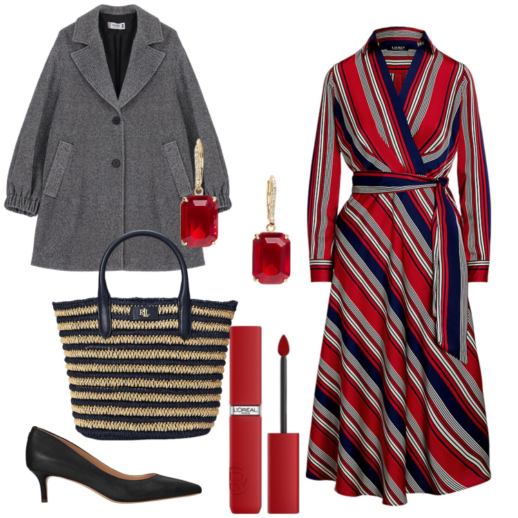 Outfit donna - A righe in ufficio. Stile Urban per Ufficio. Abbinamento con rossetti, cappotti, décolleté, vestiti, orecchini, borse tote.