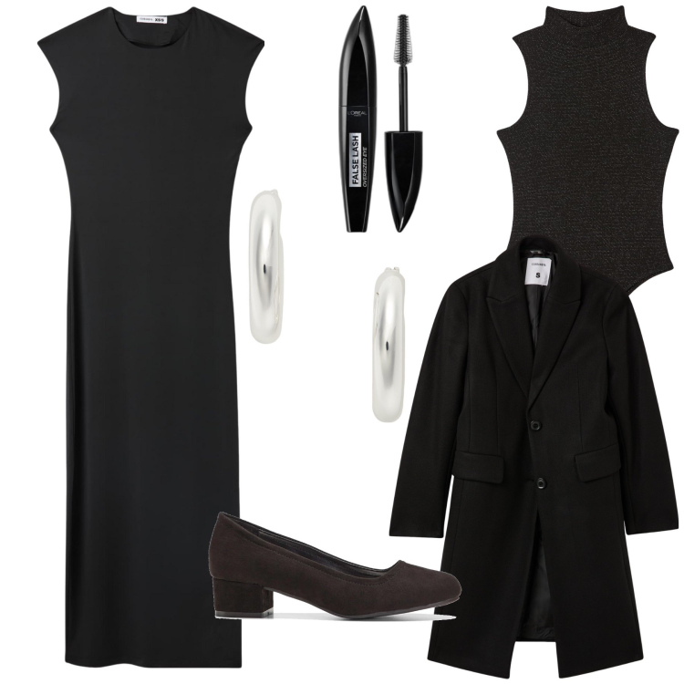 Outfit donna - Total look. Stile Trendy per Ufficio. Abbinamento con décolleté, mascara, vestiti midi/longuette, body, cappotti, orecchini.