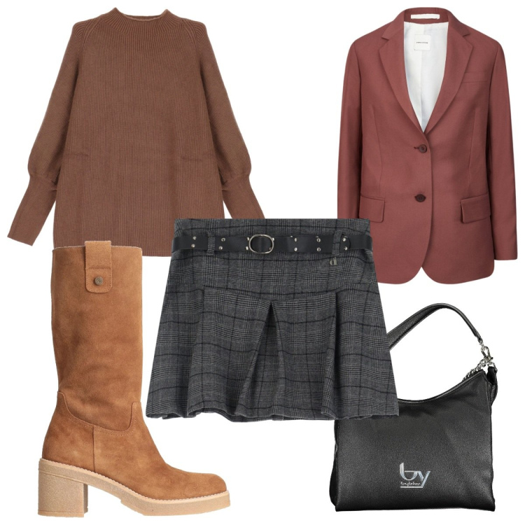 Outfit donna - Total look #2020411. Stile Trendy per Tutti i giorni. Abbinamento con stivali, maglieria, minigonne, blazer, borse a spalla.