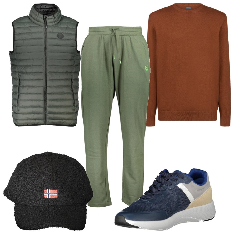 Outfit uomo - Total look #2020417. Stile Trendy per Tutti i giorni. Abbinamento con maglieria, cappelli con visiera, giacche, sneakers, pantaloni.