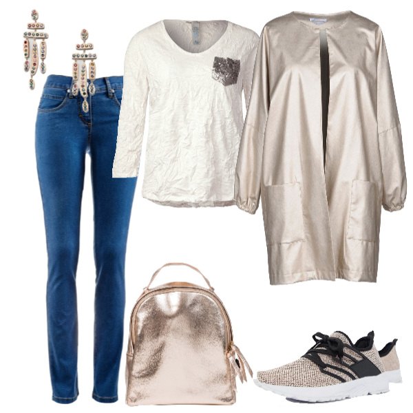 Outfit donna - Colori metallizzati. Stile Trendy per Tutti i giorni. Abbinamento con jeans dritti, zaino effetto metallizzato oro, cappotto effetto laminato scollatura profonda a maniche lunghe interno foderato in pelle sintetica tinta unita, t-shirt a maniche lunghe bianco, sneakers con stringhe in denim, orecchini.