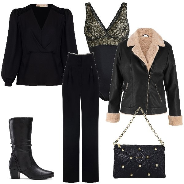 Outfit donna - La blusa con le paillettes. Stile Chic per Serata fuori. Abbinamento con blazer, body, stivali, bluse, pantaloni, borse a spalla.