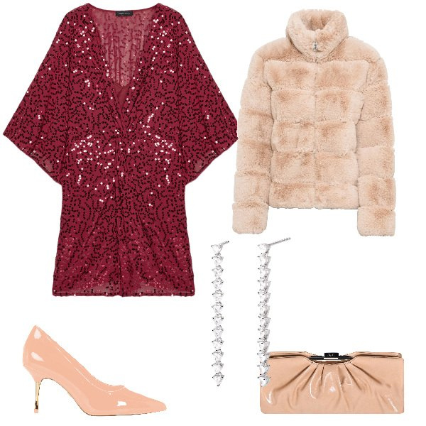 Outfit donna - Pensando a Capodanno. Stile Glamour per Serata fuori. Abbinamento con ecopellicce, orecchini, décolleté, pochette, vestiti.