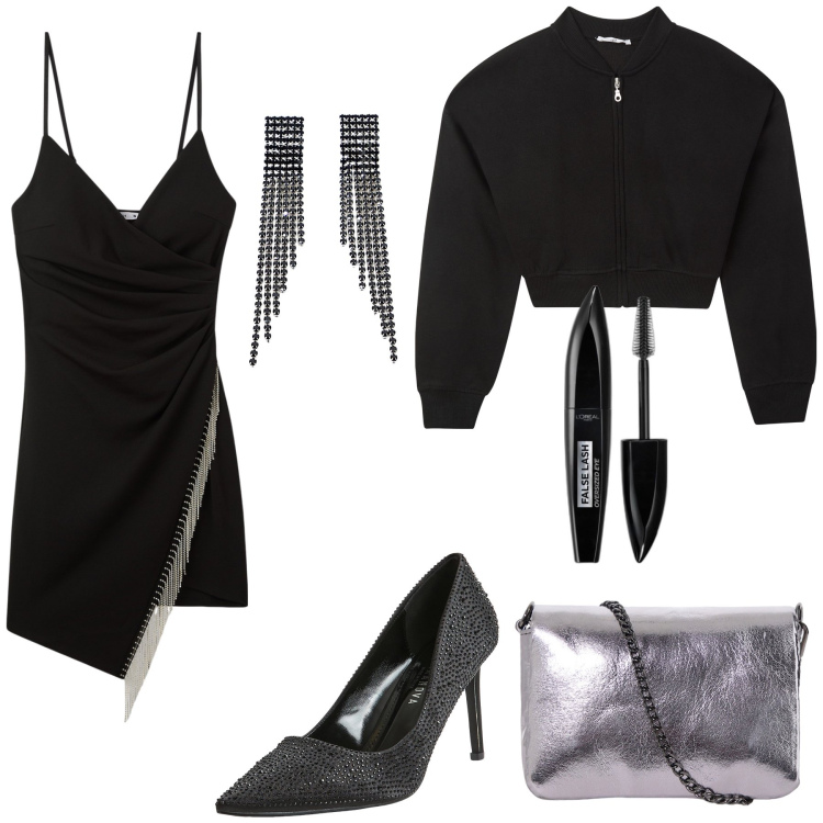 Outfit donna - Party. Stile Glamour per Serata fuori. Abbinamento con mascara, vestiti corti, décolleté, bomber, orecchini, pochette.