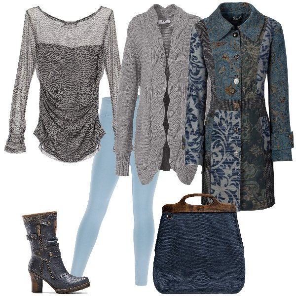 Outfit donna - Natale in grigio e blu. Stile Chic per Tutti i giorni. Abbinamento con cappotti, cardigans, stivali, top, pantaloni skinny, borse a tracolla.