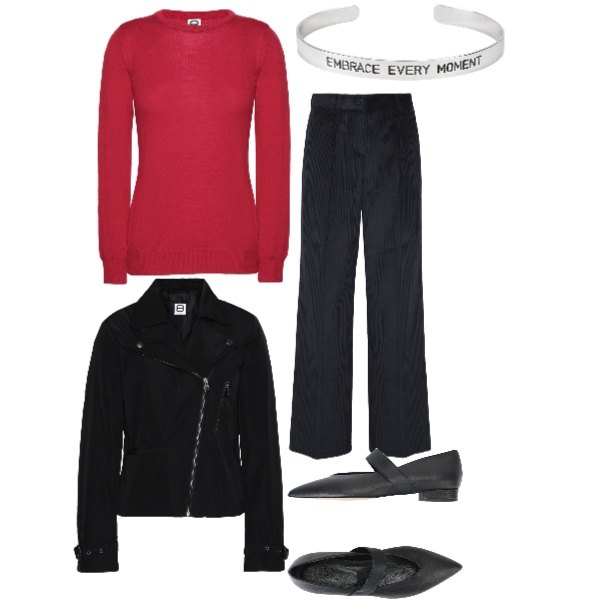 Outfit donna - Rouge Révolution. Stile Trendy per Serata fuori. Abbinamento con pantalone made italy a coste vita alta in velluto, pullover made italy girocollo in lana, giubbotto, ballerine scollo profondo con fasce in pelle, bracciale in ottone rigido.