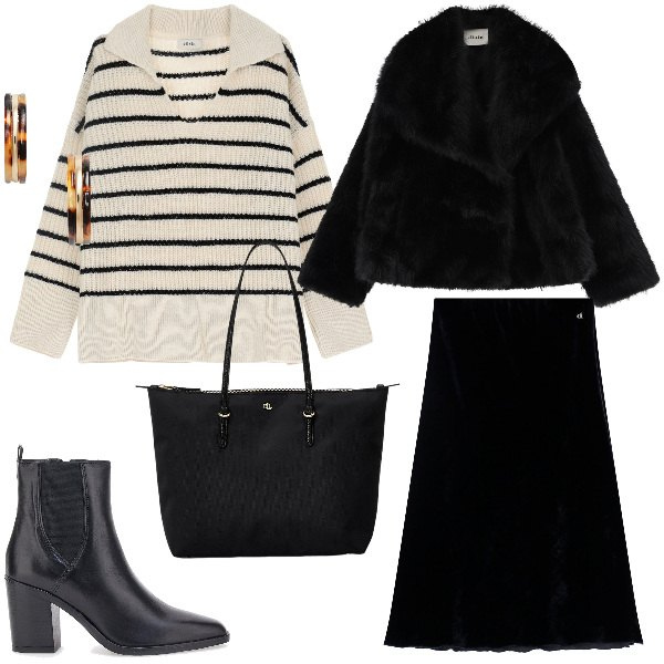 Outfit donna - Morbida eleganza. Stile Casual chic per Ufficio. Abbinamento con gonne lunghe, ecopellicce, pullovers, borse tote, orecchini, stivaletti.