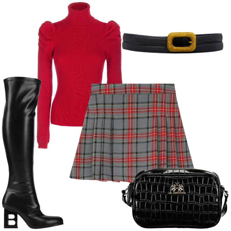 Outfit donna - Total look #2020432. Stile Trendy per Tutti i giorni. Abbinamento con stivali, maglieria, minigonne, cinture, borse a tracolla.