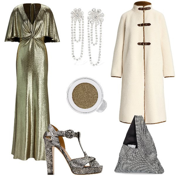 Outfit donna - Total look #2020436. Stile Glamour per Serata fuori. Abbinamento con ombretti, vestiti, cappotti, sandali, borse a spalla, orecchini.