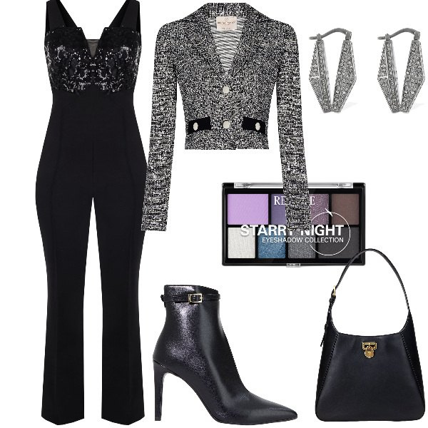 Outfit donna - La jumpsuit per Capodanno. Stile Glamour per Serata fuori. Abbinamento con ombretti, tute, blazer, stivaletti, borse a spalla, orecchini.