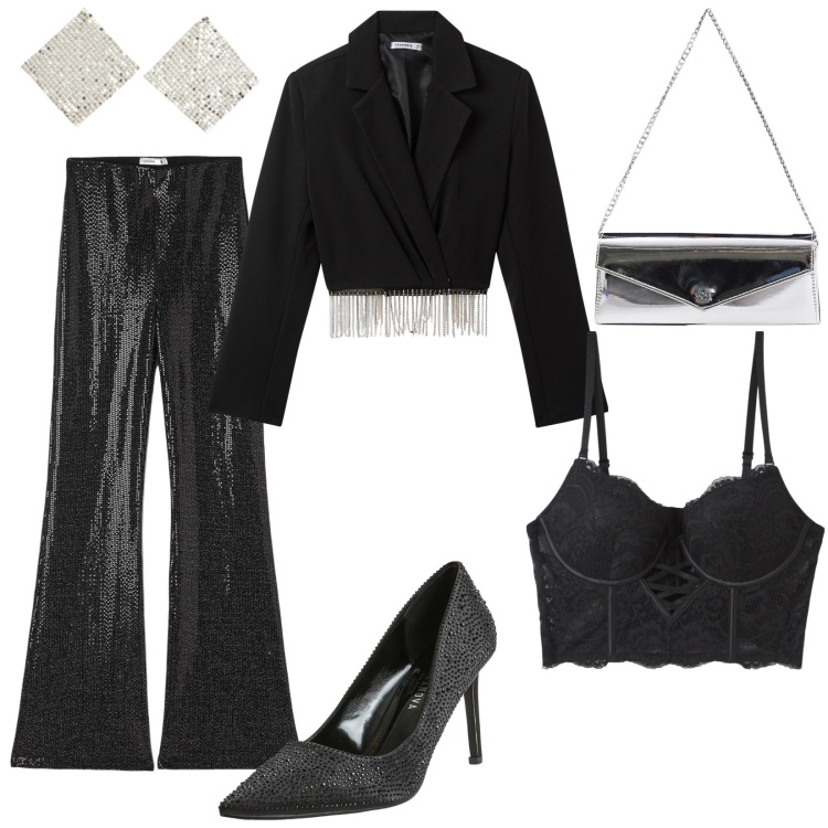 Outfit donna - Giacca cropp con frange di strass. Stile Sexy per Serata fuori. Abbinamento con décolleté, orecchini, reggiseni push-up, leggings, blazer, pochette.