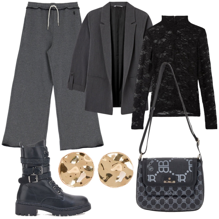 Outfit donna - Look power casual. Stile Trendy per Ufficio. Abbinamento con pantaloni a palazzo, blazer, t-shirt, anfibi, borse a tracolla, orecchini.