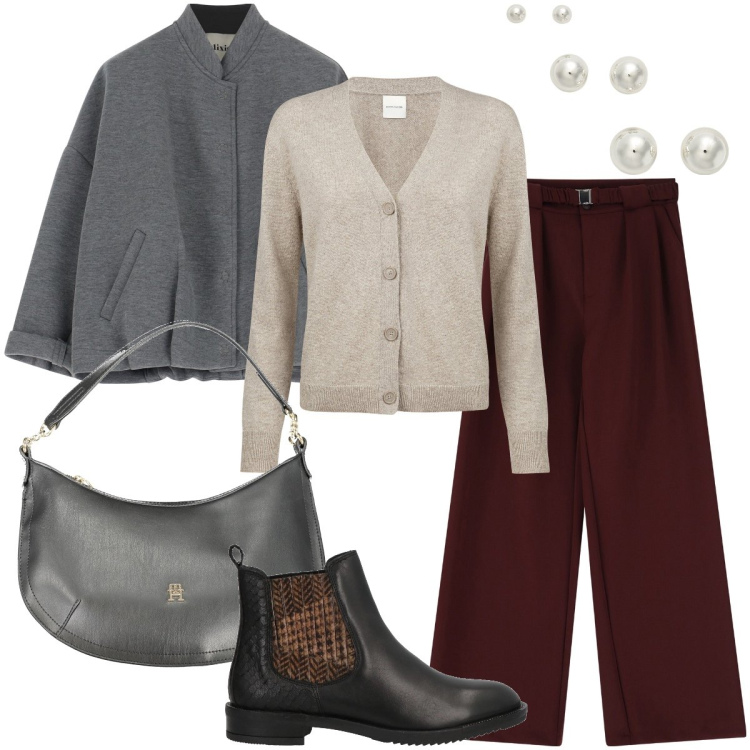 Outfit donna - Le perle di giorno. Stile Trendy per Ufficio. Abbinamento con stivaletti, pantaloni a palazzo, bomber, orecchini, cardigans, borse a spalla.