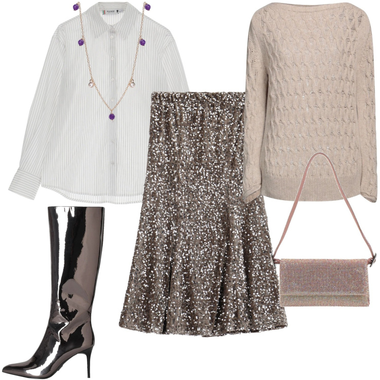 Outfit donna - Total look #2020504. Stile Chic per Tutti i giorni. Abbinamento con stivali, pullovers, borse a mano, collane, camicie, gonne longuette.